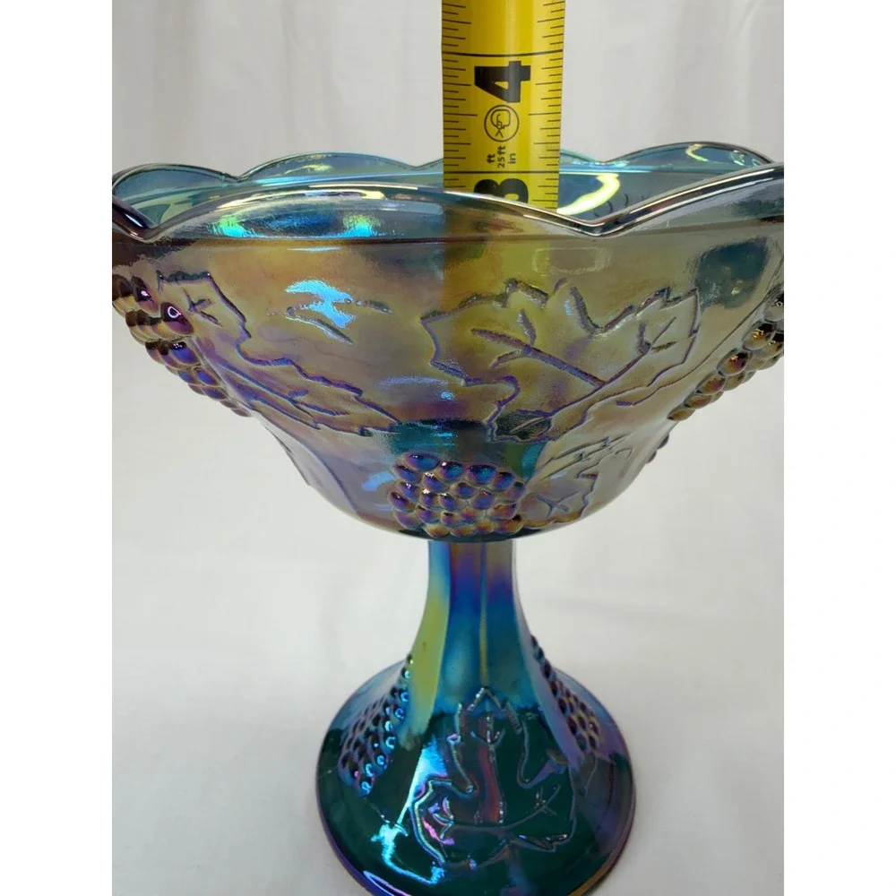 Vtg Carnival Glass HarvestGrape Compote Iridescent TealBlue Candy Dish Lid 9.75
